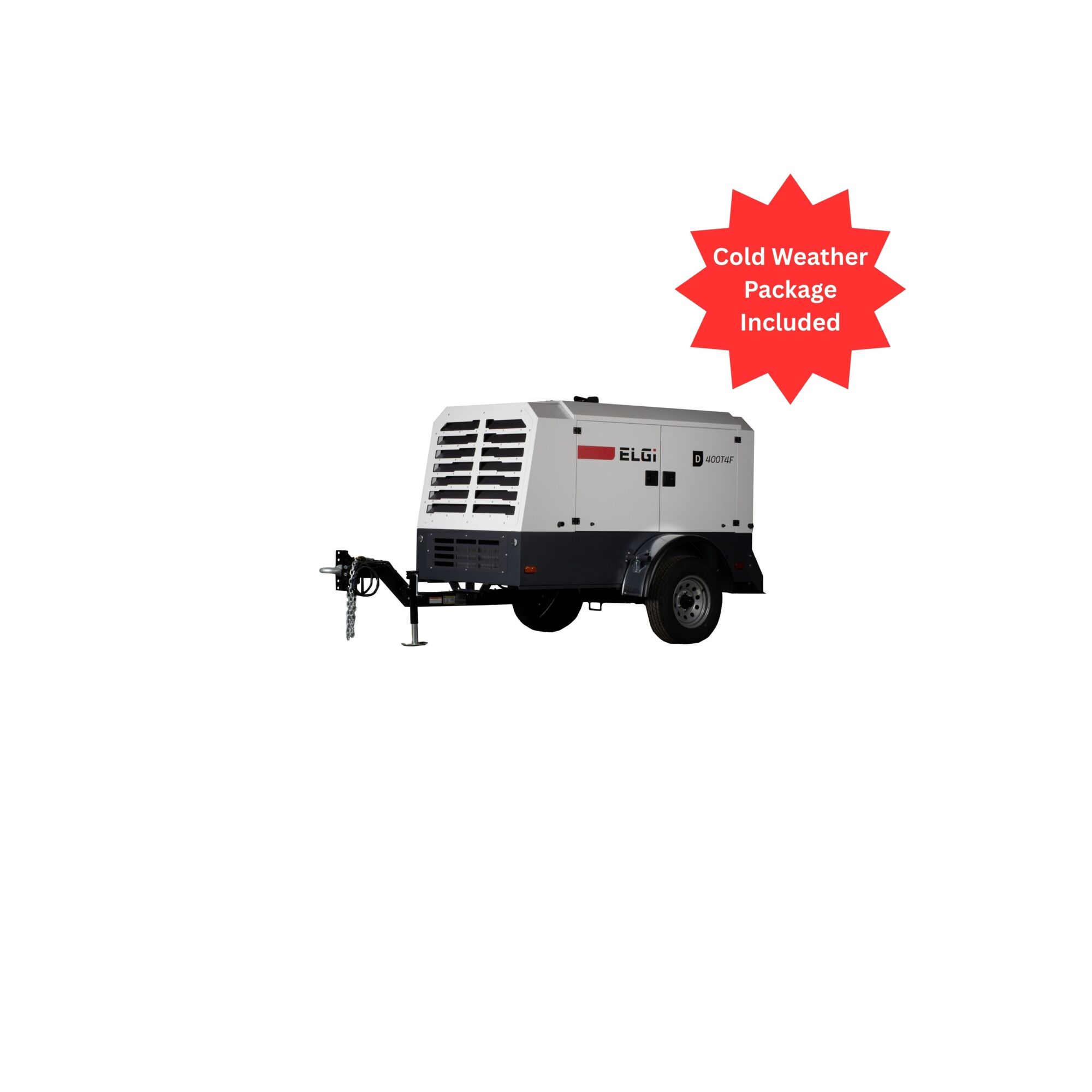 ELGI Trailer Mount Portable Screw Air Compresor, 375 cfm@ 100 or 150 PSI  with Cold Weather Package,Model #D400T4F-PCWP